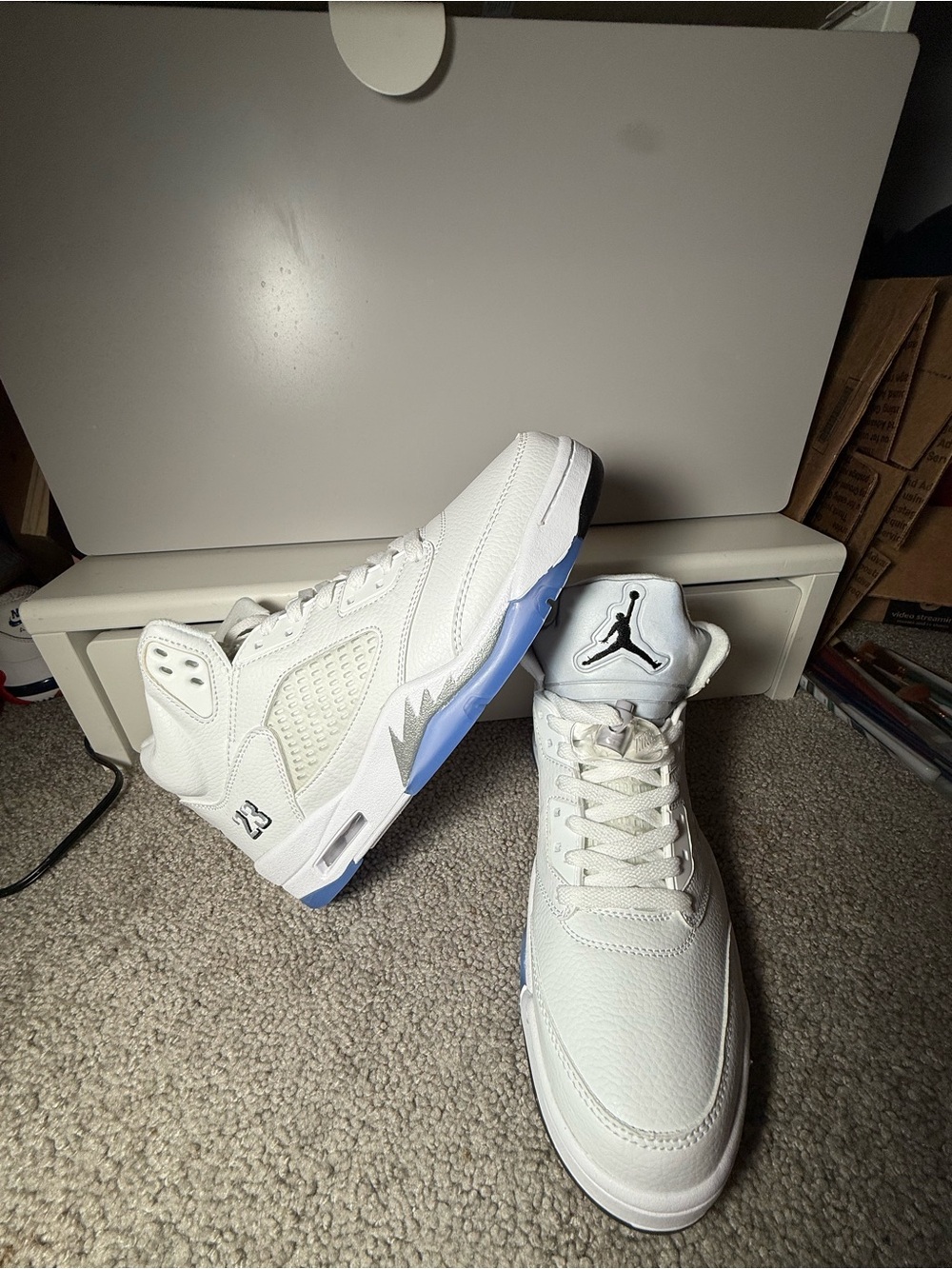 Jordan Men’s Retro Basketball Shoes in White with Icy Blue Accents